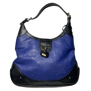 London Fog Women Cobalt Blue Black Hobo Shoulder Bag Gold Hardware Thrashed